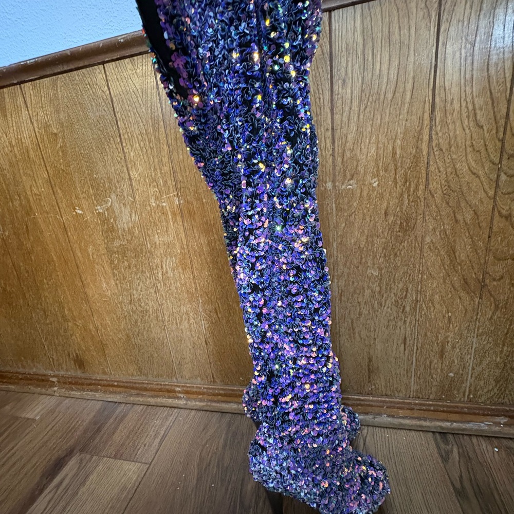 Sequin Heeled Boots - Black and Purple